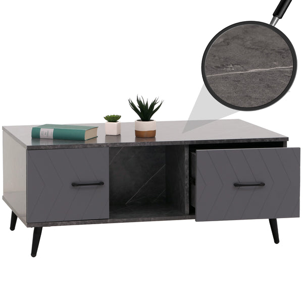 Couchtisch Sofatisch Schubladen Türen Fischgrätenmuster 42x103x60cm Marmor-Optik grau