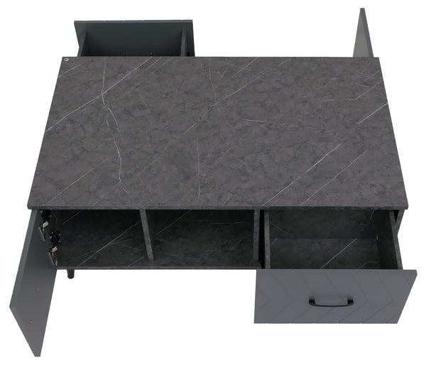 Couchtisch Sofatisch Schubladen Türen Fischgrätenmuster 42x103x60cm Marmor-Optik grau