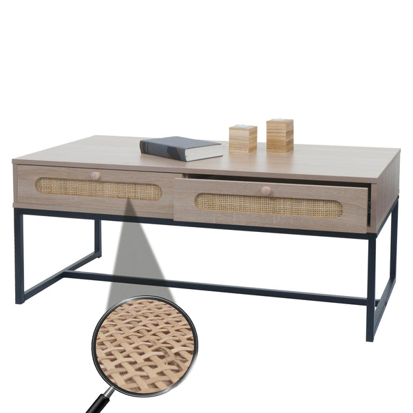 Couchtisch Wohnzimmertisch Beistelltisch Schublade Kubu Rattan Eiche-Optik