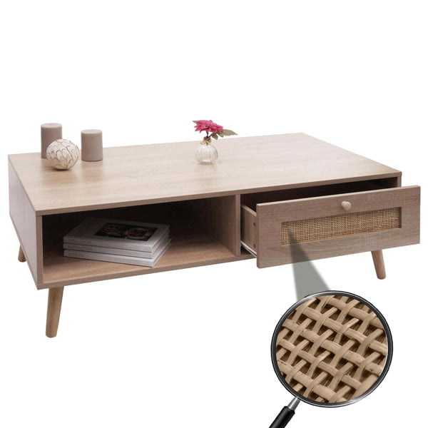 Couchtisch Wohnzimmertisch Beistelltisch Schublade Kubu Rattan 37x110x59cm Eiche-Optik
