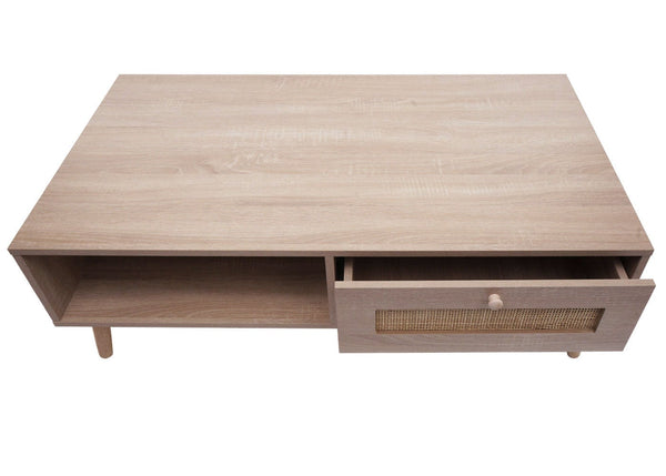 Couchtisch Wohnzimmertisch Beistelltisch Schublade Kubu Rattan 37x110x59cm Eiche-Optik
