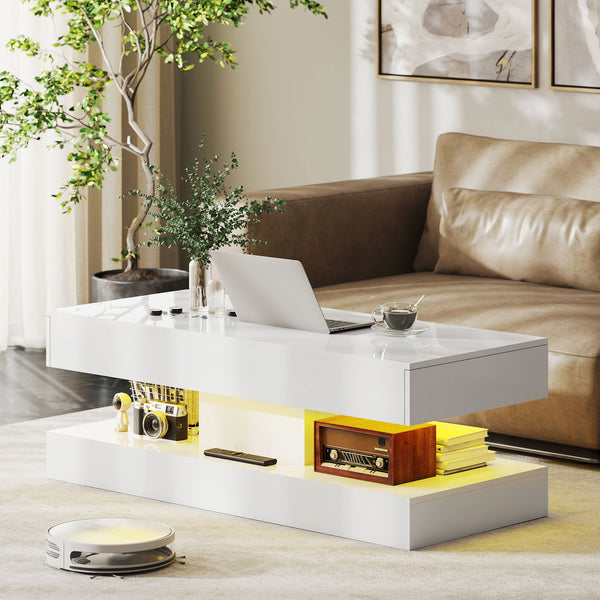 Couchtisch modern mit LED und Schublade für Wohnzimmer weiss