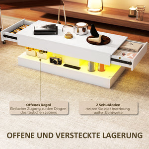 Couchtisch modern mit LED und Schublade für Wohnzimmer weiss