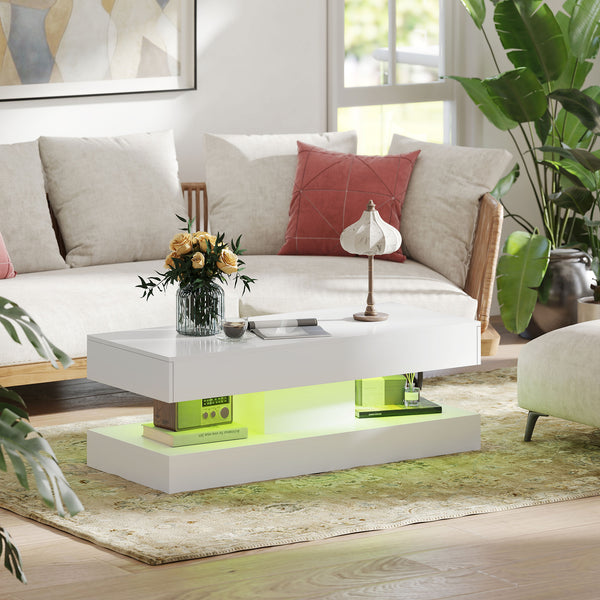 Couchtisch modern mit LED und Schublade für Wohnzimmer weiss