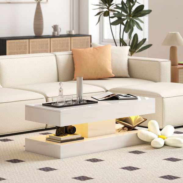 Couchtisch modern mit LED und Schublade für Wohnzimmer weiss