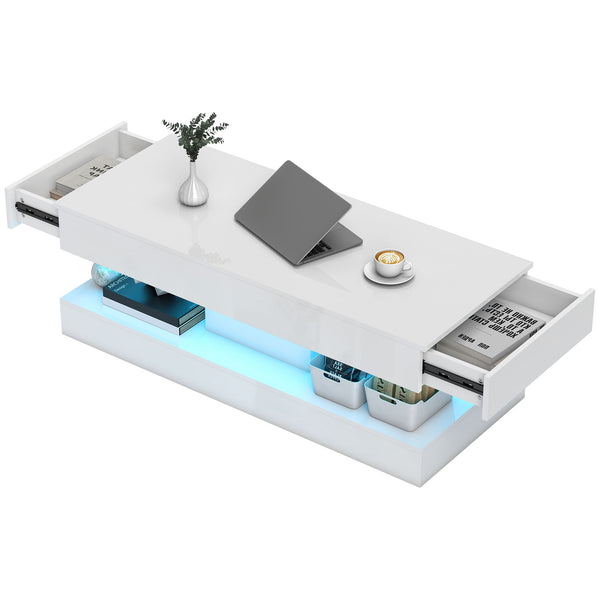 Couchtisch modern mit LED und Schublade für Wohnzimmer weiss