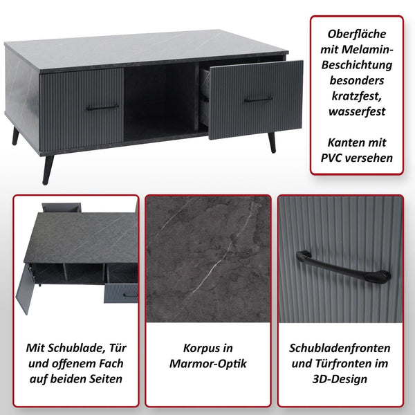 Couchtisch Beistelltisch Sofatisch Schubladen Türen 43x100x60cm Marmor-Optik grau