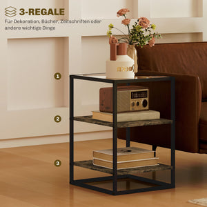 Rustic coffee table set of 2, 3 tiers with glass top, 37x40x55.5cm, brown