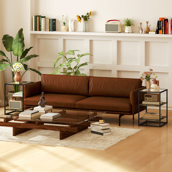 Rustic coffee table set of 2, 3 tiers with glass top, 37x40x55.5cm, brown