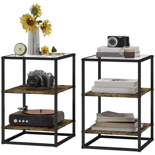 Rustic coffee table set of 2, 3 tiers with glass top, 37x40x55.5cm, brown
