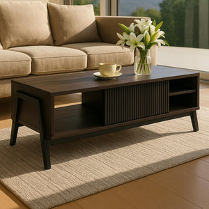 Couchtisch Wohnzimmertisch Sofatisch Staufächer Schiebetür 42x120x60cm Walnuss-Optik