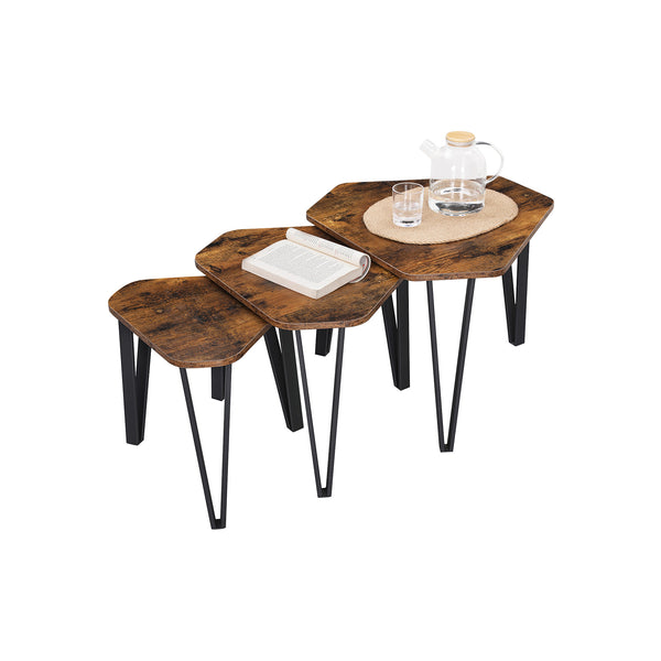 Set di tavolini da caffè, tavolino laterale, impilabile, acciaio, rustico, marrone, nero