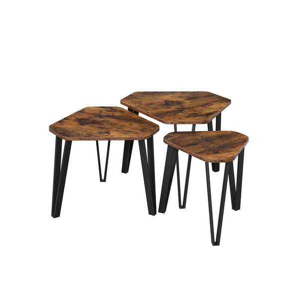 Set di tavolini da caffè, tavolino laterale, impilabile, acciaio, rustico, marrone, nero