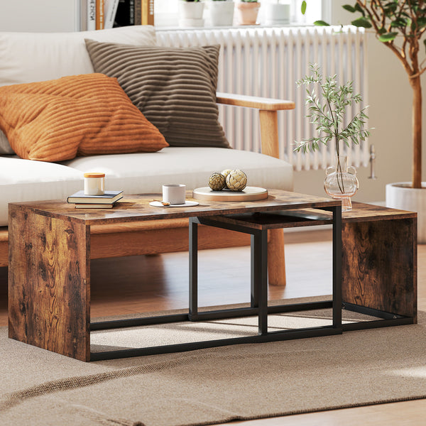 Couchtisch Set Beistelltisch 2-teilig modern Metall Holzoptik schwarz braun