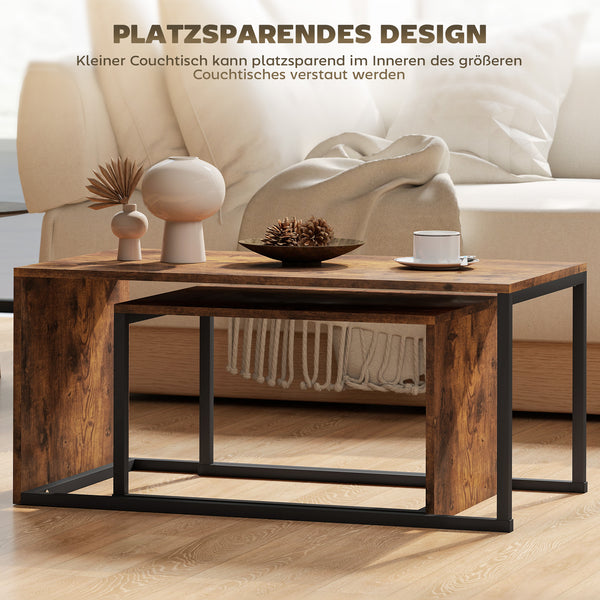 Couchtisch Set Beistelltisch 2-teilig modern Metall Holzoptik schwarz braun