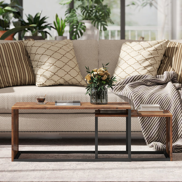 Couchtisch Set Beistelltisch 2-teilig modern Metall Holzoptik schwarz braun