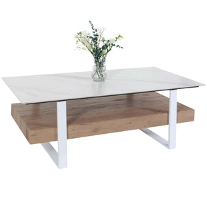 Couchtisch Wohnzimmertisch Eisen Sinterstein Marmor-Optik 43x120x60cm weiss natur
