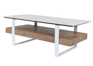 Couchtisch Wohnzimmertisch Eisen Sinterstein Marmor-Optik 43x120x60cm weiss natur
