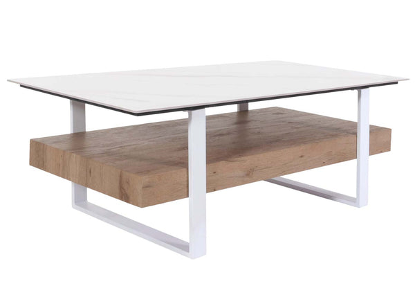 Couchtisch Wohnzimmertisch Eisen Sinterstein Marmor-Optik 43x120x60cm weiss natur