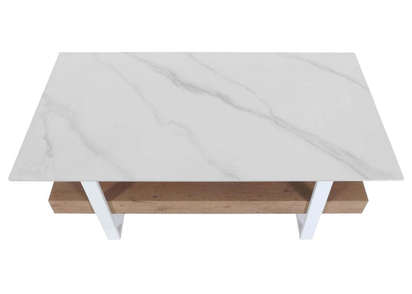 Couchtisch Wohnzimmertisch Eisen Sinterstein Marmor-Optik 43x120x60cm weiss natur