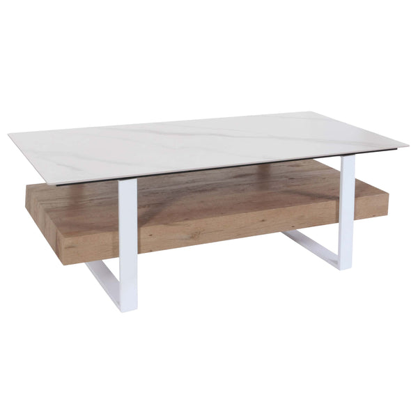 Couchtisch Wohnzimmertisch Eisen Sinterstein Marmor-Optik 43x120x60cm weiss natur