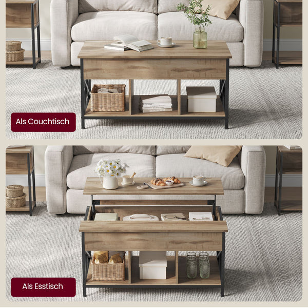 Couchtisch Wohnzimmertisch Top-Lift Stauraum Holz Kamelbraun Schwarz