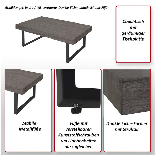 Couchtisch Wohnzimmertisch 40x110x60cm Wenge dunkle Metallfüsse