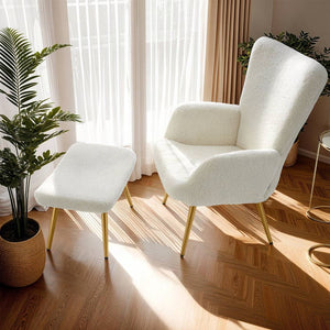 Sessel Hygge gepolstert, ergonomisch, Belastbarkeit 150 kg Bouclé creme/gold mit Hocker
