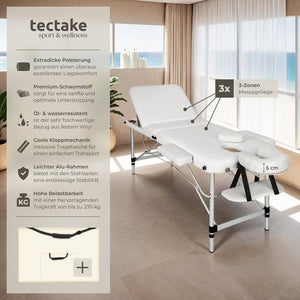 3 Zonen Massageliege mit 5cm Polsterung und Aluminiumgestell weiss