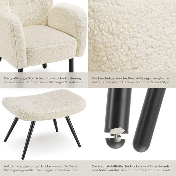 Sessel mit Hocker Vänersborg Bouclé creme/schwarz