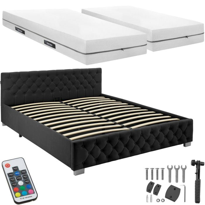 Bettset Polsterbett mit LED und Matratze Samtoptik schwarz 180 x 200 cm
