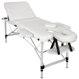 3 Zonen Massageliege mit 5cm Polsterung, Rollen und Aluminiumgestell weiss