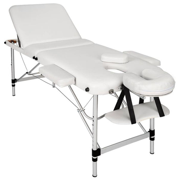 3 Zonen Massageliege mit 5cm Polsterung, Rollen und Aluminiumgestell weiss