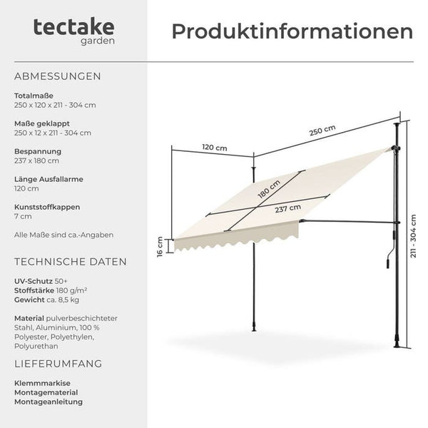 Klemmmarkise beige 250 x 180 cm