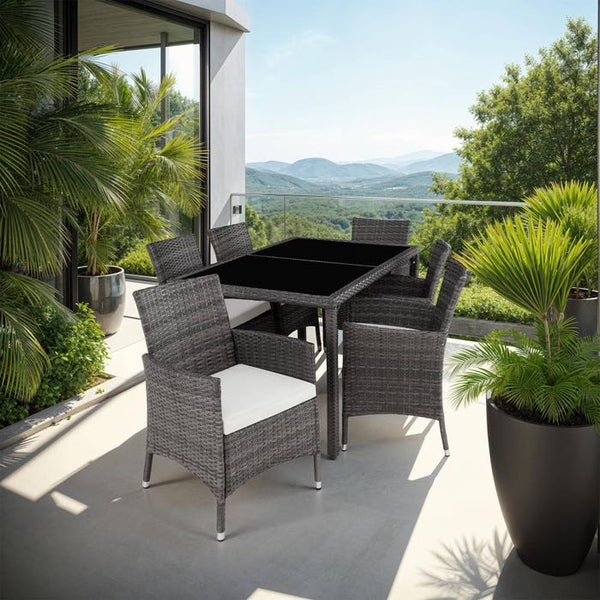 Rattan Sitzgruppe 6+1 mit Schutzhülle grau/weiss
