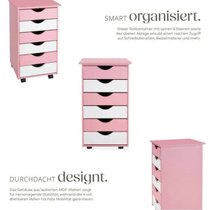 Rollcontainer aus Holz mit 6 Schubladen rosa