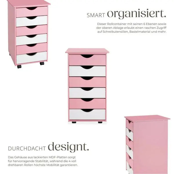 Rollcontainer aus Holz mit 6 Schubladen rosa