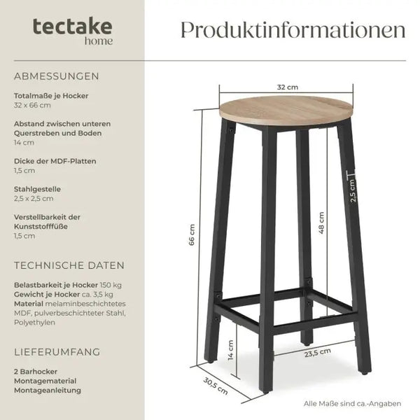 Barhocker Corby 2er Set Industrial Holz hell, Eiche Sonoma