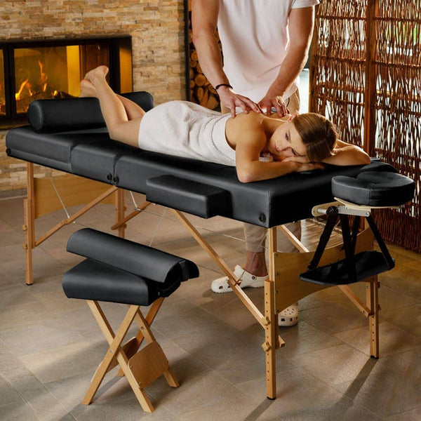 3 Zonen Massageliege-Set Somwang mit 7,5cm Polsterung, Rollen und Holzgestell schwarz