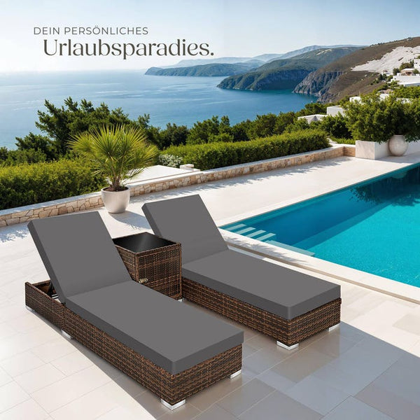 2 aluminium polyrattan sun loungers + table, brown