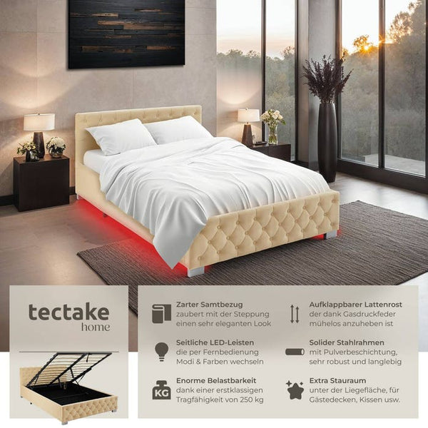 Polsterbett mit LED-Leisten & Stauraum beige 140 x 200 cm