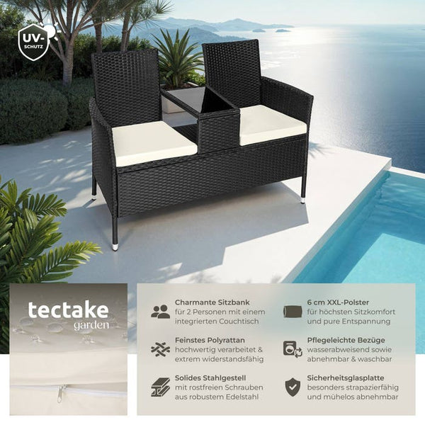 Rattan Gartensitzbank mit Tisch schwarz/beige