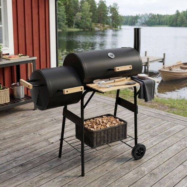 Holzkohlegrill Smoker 2in1 mit Thermometer schwarz