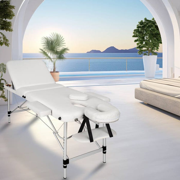 3 Zonen Massageliege mit 5cm Polsterung, Rollen und Aluminiumgestell weiss