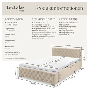 Bettset Polsterbett mit LED und Matratze Samtoptik sand 140 x 200 cm
