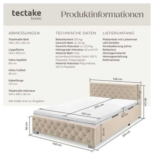 Bettset Polsterbett mit LED und Matratze Samtoptik sand 140 x 200 cm