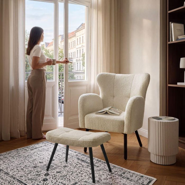 Sessel mit Hocker Vänersborg Bouclé creme/schwarz