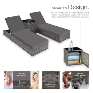 2 lettini prendisole in alluminio e polyrattan + tavolo grigio