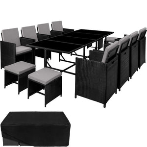 Rattan Sitzgruppe Palma 8+4+1 mit Schutzhülle schwarz/grau