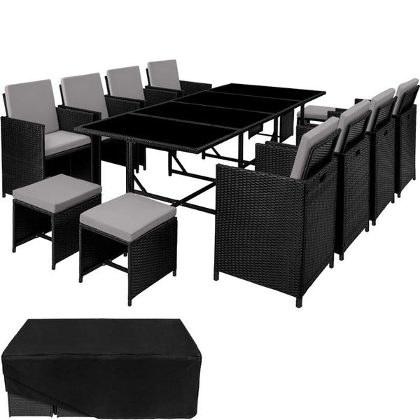 Rattan Sitzgruppe Palma 8+4+1 mit Schutzhülle schwarz/grau